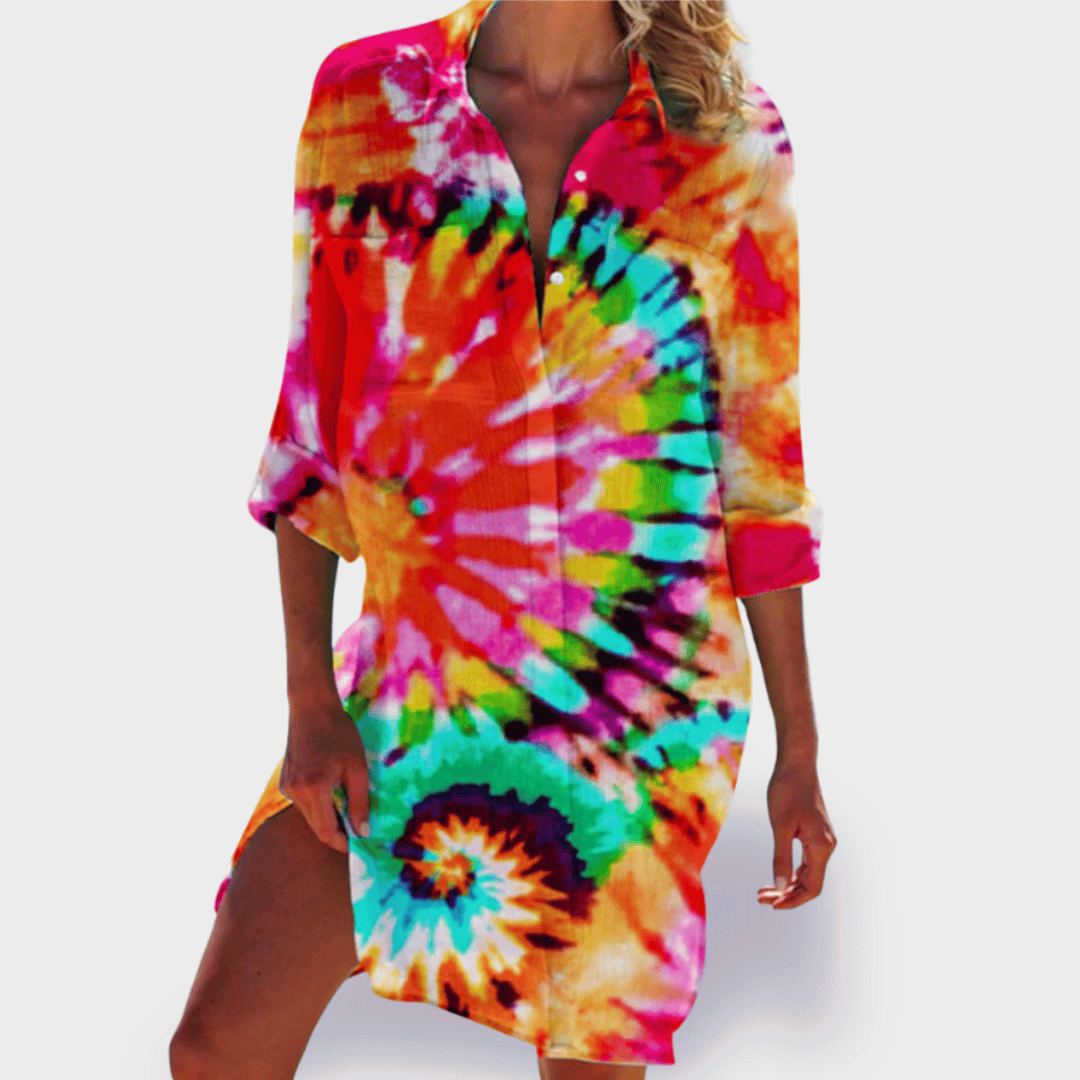 Vibrant women's flowy draped midi dress, perfect for summer fashion & effortless style.