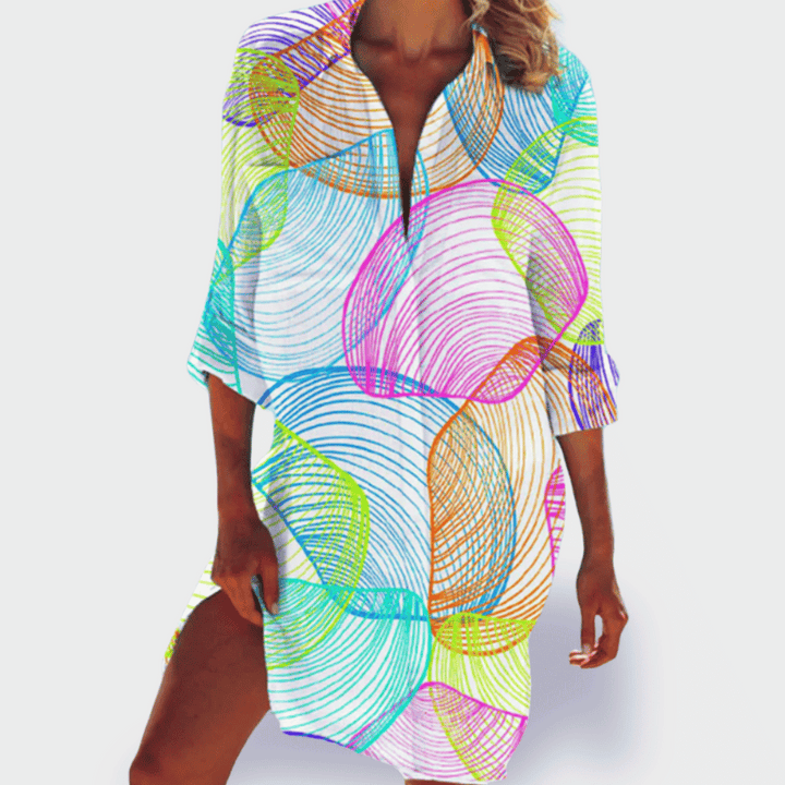 Women's vibrant draped dress with a flowy design, offering effortless style for spring & summer occasions.