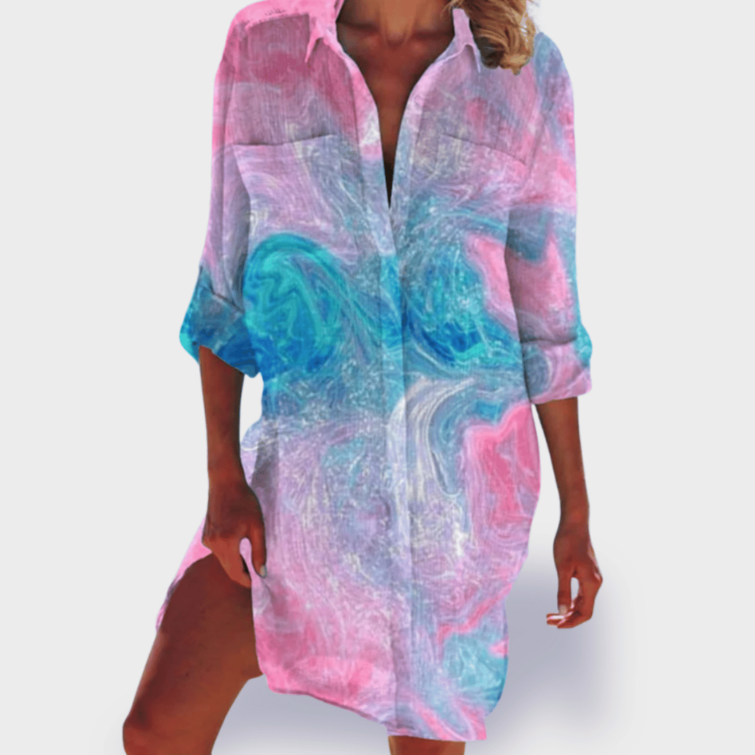 Casual elegant women's flowy draped midi dress, featuring vibrant colors for comfortable summer fashion.