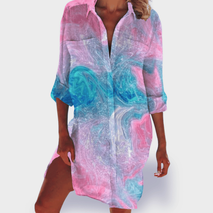 Casual elegant women's flowy draped midi dress, featuring vibrant colors for comfortable summer fashion.
