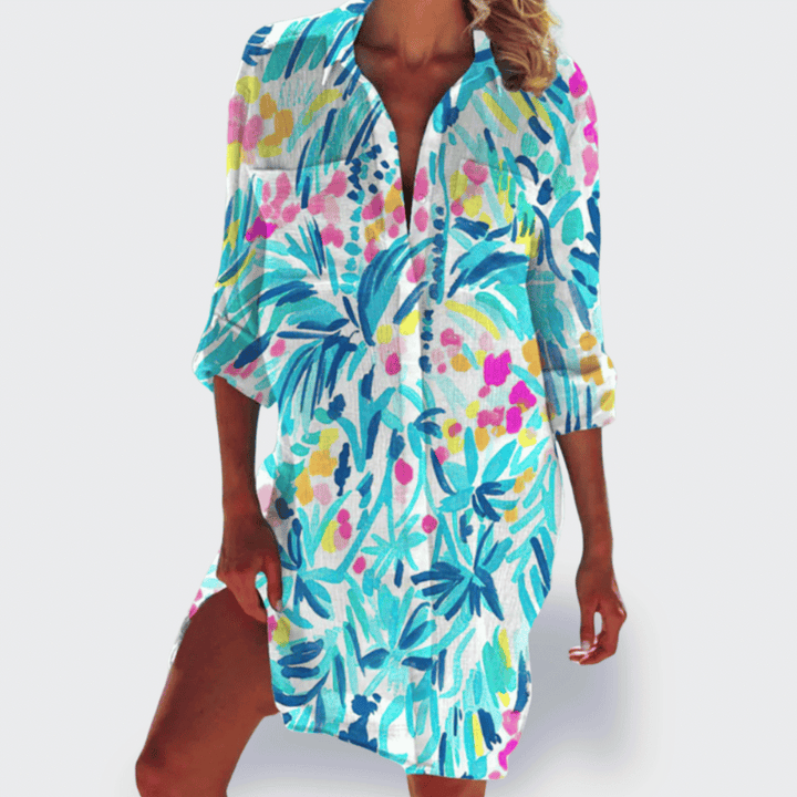 Stylish women's vibrant flowy midi dress, perfect for comfortable spring and summer fashion.