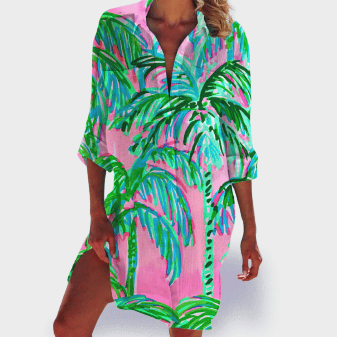 Comfortable women's vibrant flowy draped midi dress, offering effortless style for any casual outing.