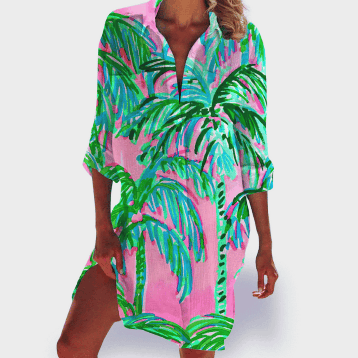 Comfortable women's vibrant flowy draped midi dress, offering effortless style for any casual outing.