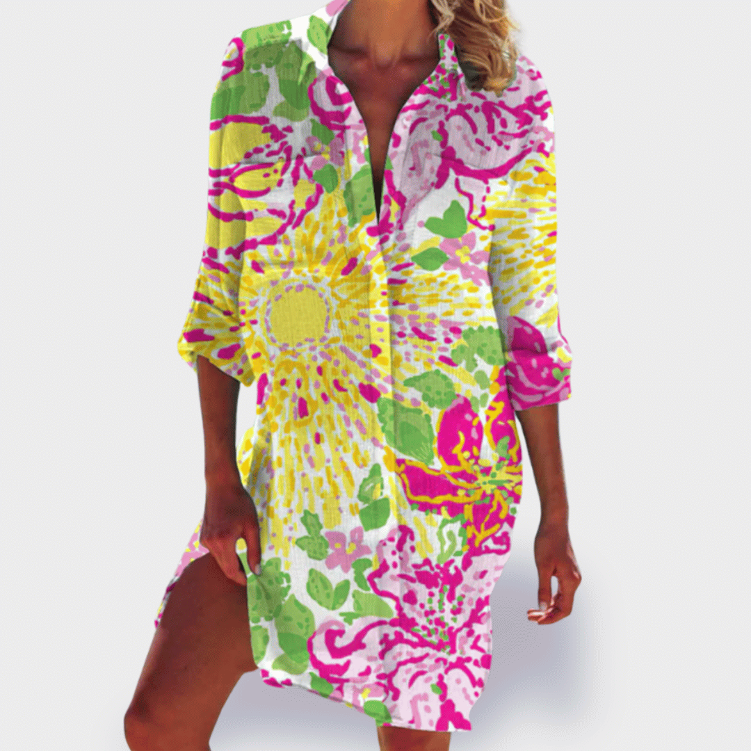 Women's flowy draped midi dress, vibrant and colorful, for an effortless summer or spring look.