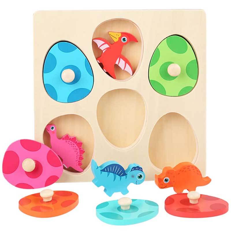 Vibrant wooden dinosaur layer puzzle for kids, showcasing a T-Rex on a green base, an educational toy.
