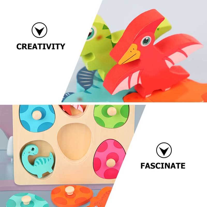 Children's wooden dinosaur puzzle with multiple layers, a creative play educational toy for toddlers.