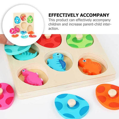 Close-up of a colorful wooden dinosaur layer puzzle, perfect for kids learning and creative play activities.
