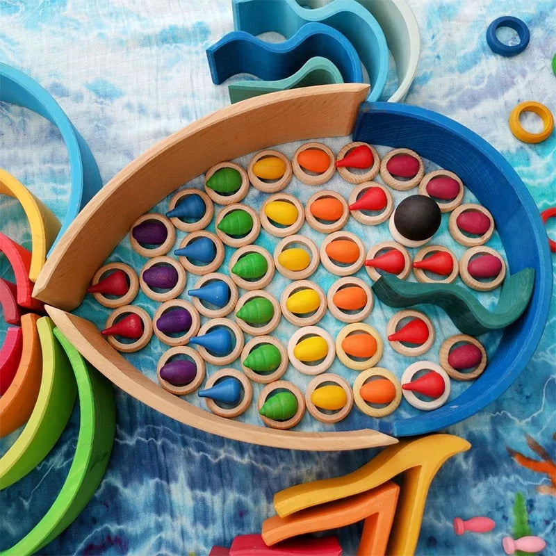 Bright wooden rainbow blocks nestled together, a perfect educational toy for young children
