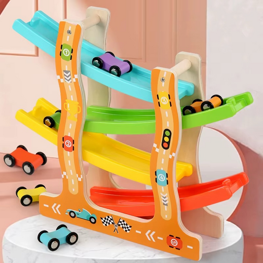 Vibrant wooden ramp racer toy with colorful cars, perfect for toddlers & educational play.