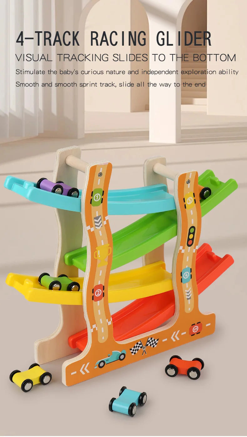 Toddler-friendly wooden car ramp racer with four animal figures for engaging play.