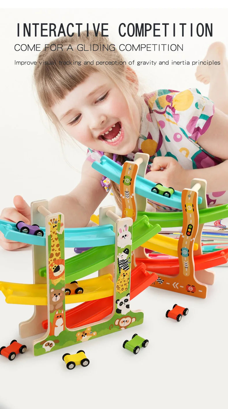 Kids' educational wooden toy: 4-level ramp racer with mini cars & natural wood finish.