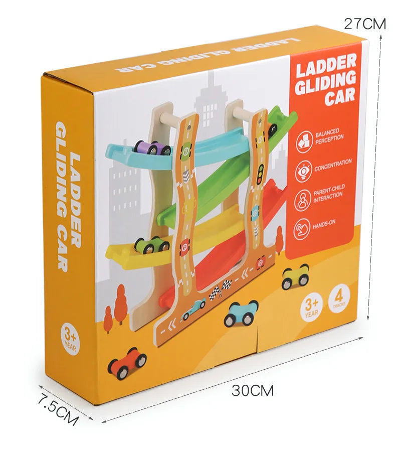 Set of a wooden ramp racer toy & accompanying wooden cars, ideal for eco-conscious playtime.