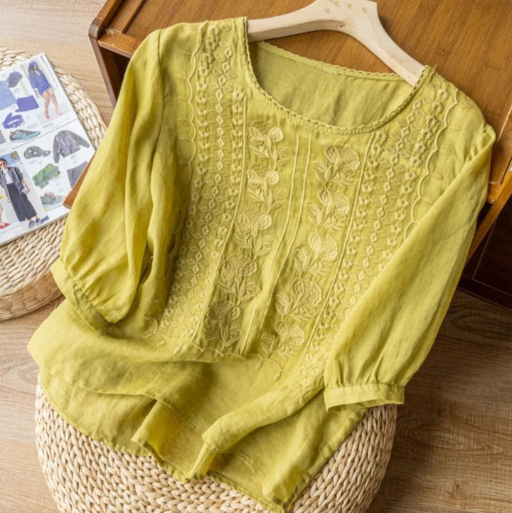 Lightweight spring/summer women's blouse, sheer puff sleeves, delicate vintage embroidery. Relaxed & elegant.