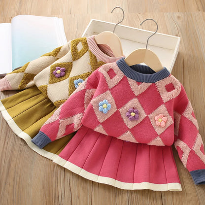 Vintage knitted pullover & skirt set for girls, ideal for a stylish toddler fall outfit in cotton blend.