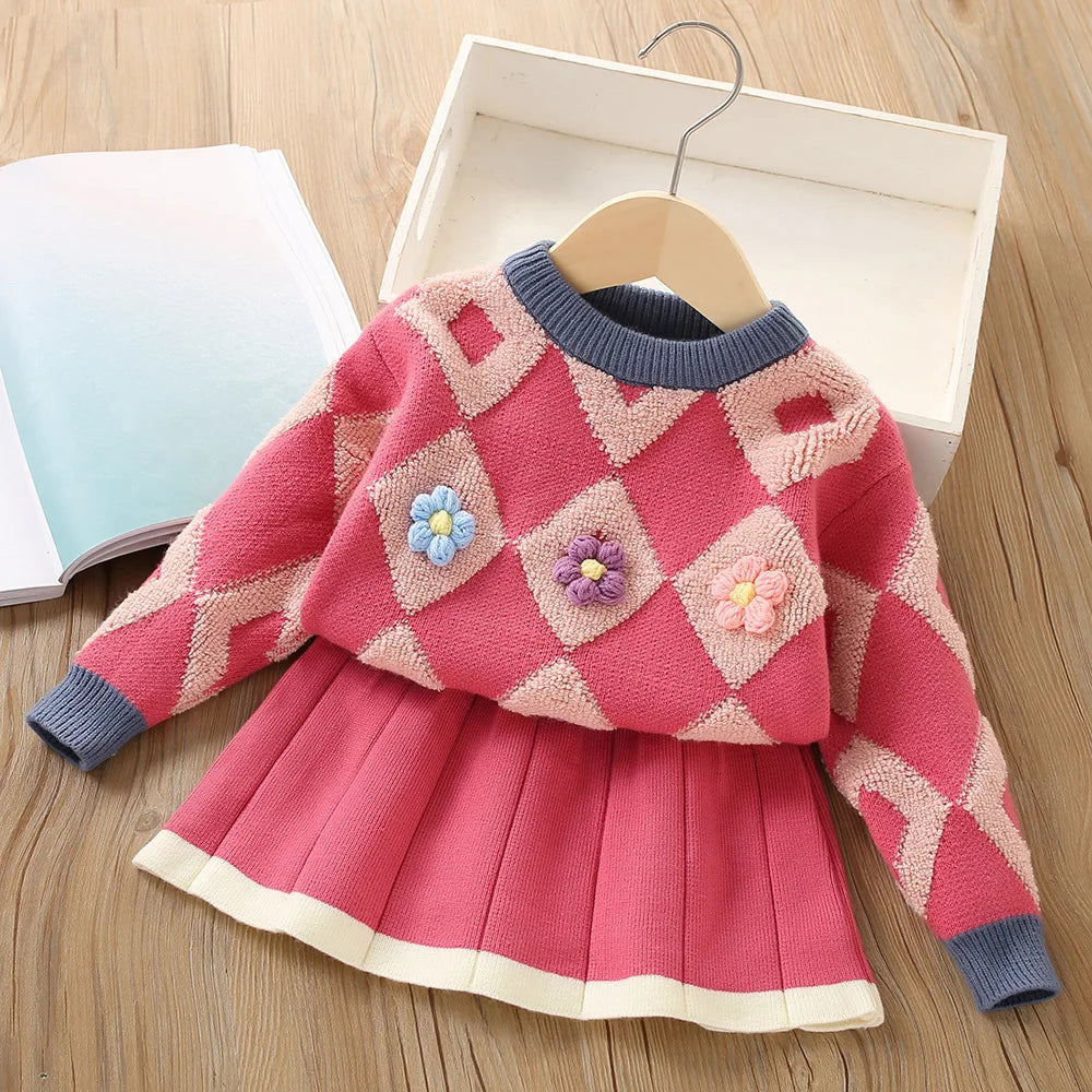 Girls' warm vintage knitted two-piece set featuring a long-sleeve pullover and matching skirt for toddlers.