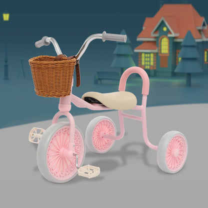 Vintage red kids tricycle with wicker basket, adjustable seat for toddlers, outdoor play ride-on toy