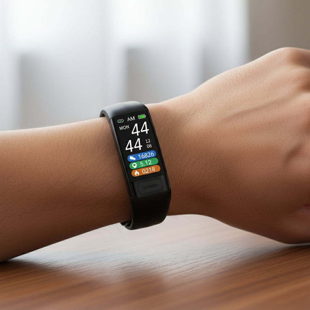 Close-up of VitalBand Smart Armband on a person's wrist, displaying real-time heart rate and blood pressure data.