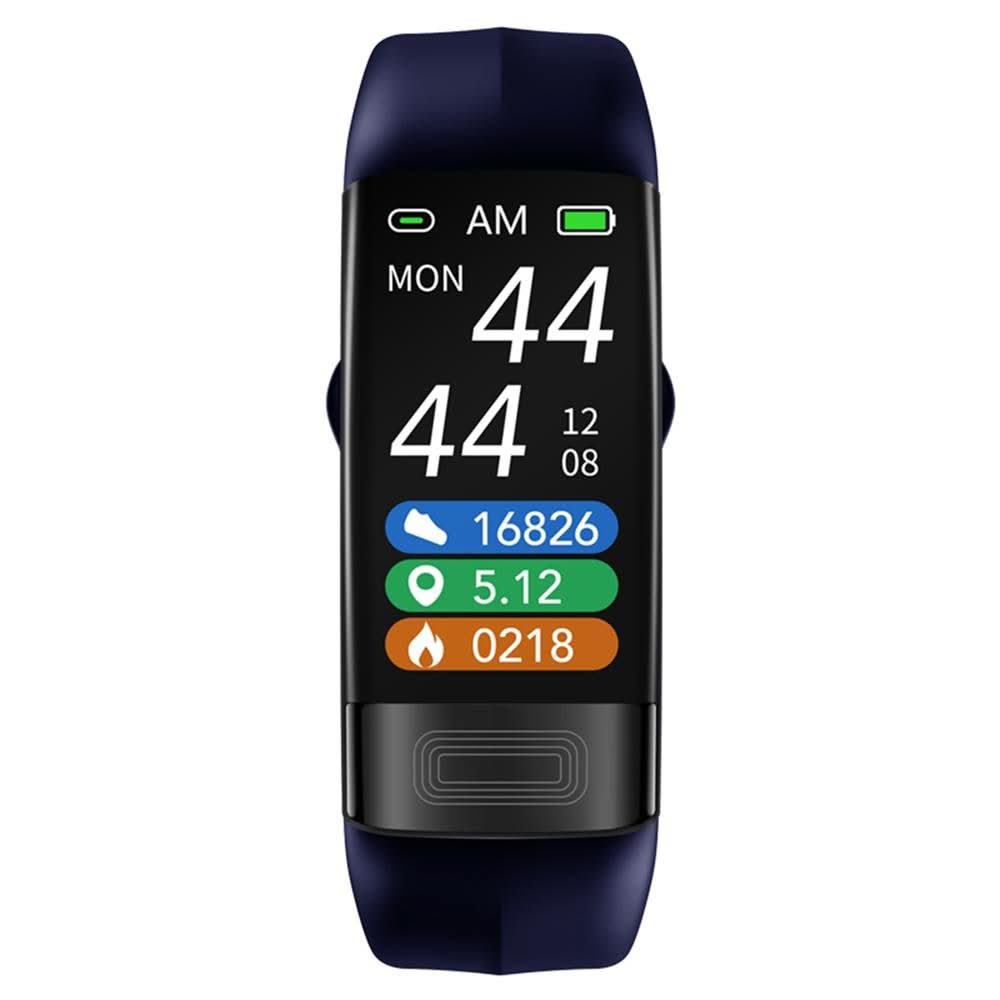 User reviewing their daily ECG and blood pressure trends on the VitalBand Smart Armband's vibrant display. Digital health insights.