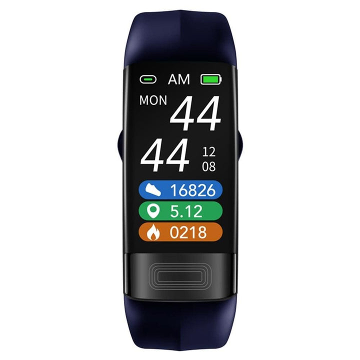 User reviewing their daily ECG and blood pressure trends on the VitalBand Smart Armband's vibrant display. Digital health insights.