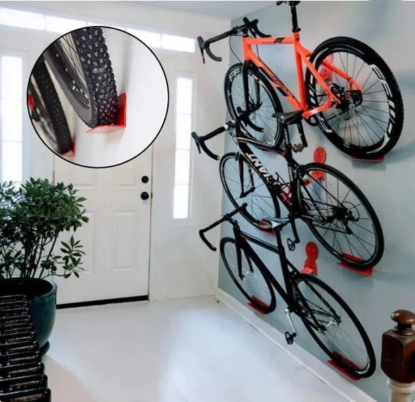 Wall-mounted carbon steel bike rack for garage storage & organization, heavy-duty and space-saving.