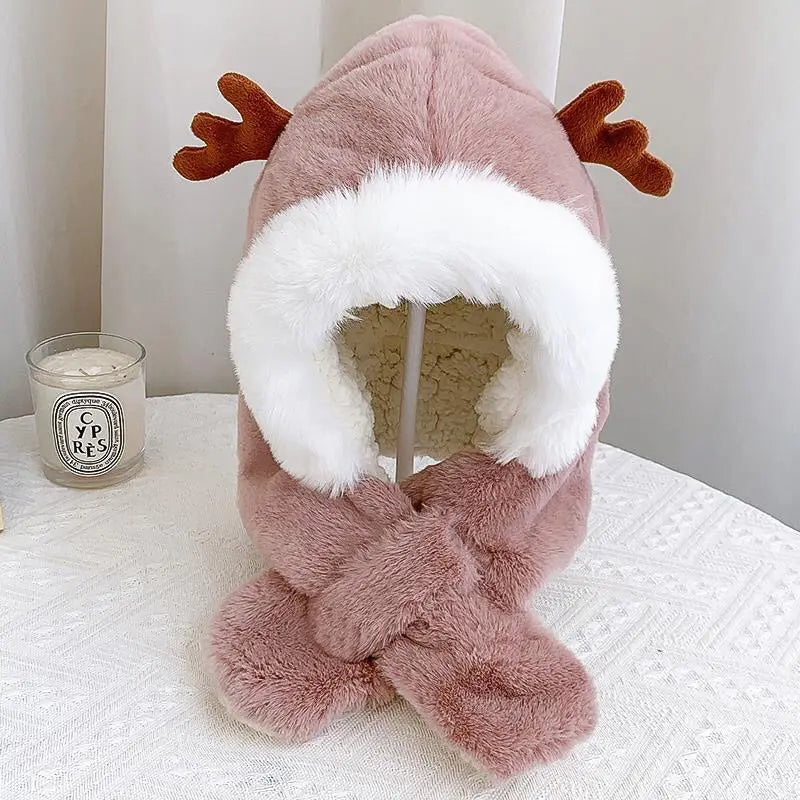 Unisex baby warm cotton hat with animal ears and integrated scarf, soft infant apparel