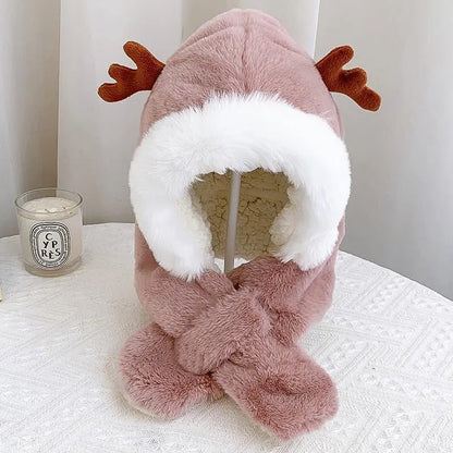 Unisex baby warm cotton hat with animal ears and integrated scarf, soft infant apparel