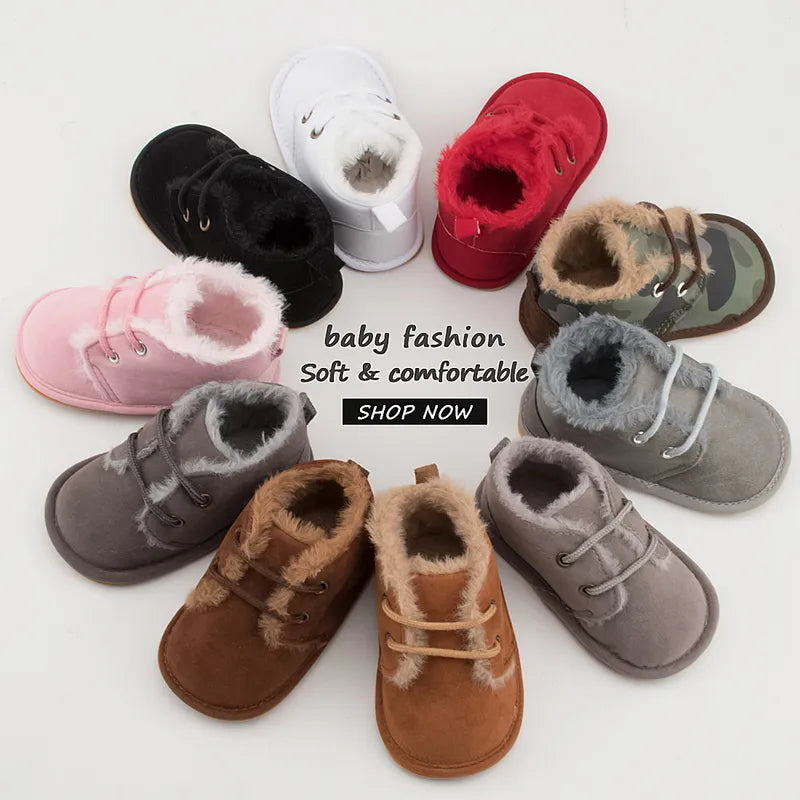 Baby crib shoes, stylish and warm, featuring a non-slip sole for new walkers.