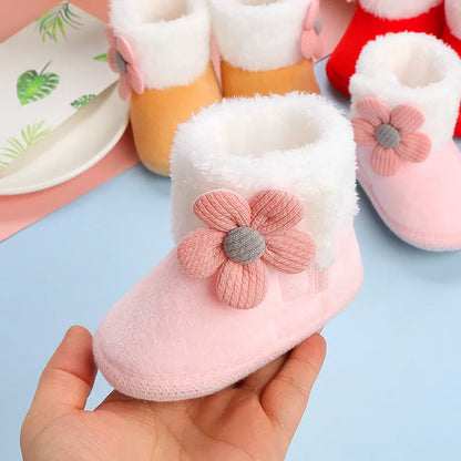Warm baby girl winter boot with lovely pink flower print, soft sole, non-slip for infants