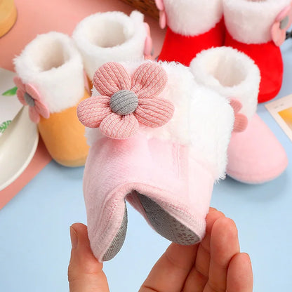 Baby girl winter boots, flower print, warm knitted fabric, perfect for cold weather