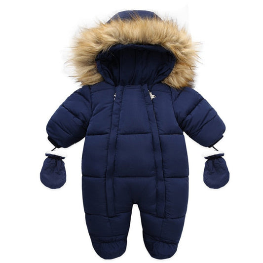 Warm baby winter cotton romper with integrated gloves, perfect for outdoor infant wear.