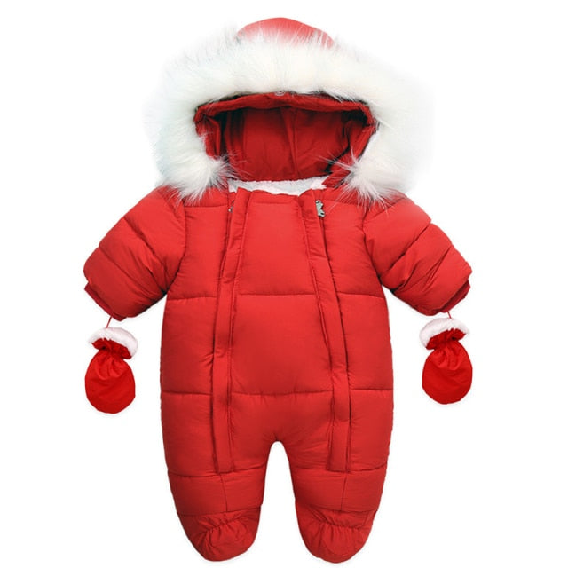 Soft cotton baby romper in winter style, featuring attached gloves for newborn warmth.