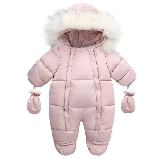 Cozy baby jumpsuit, cotton winter romper with integrated hand covers for infant clothing.