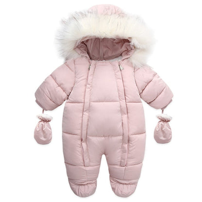 Cozy baby jumpsuit, cotton winter romper with integrated hand covers for infant clothing.