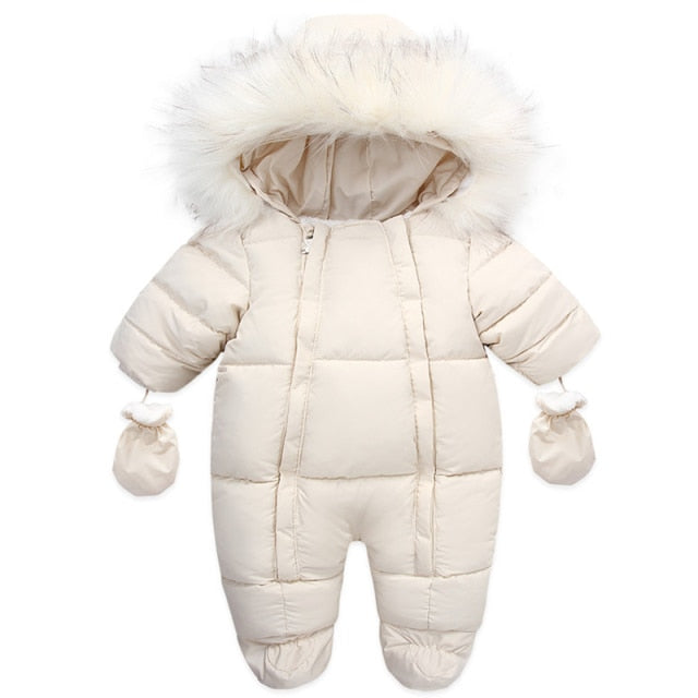 Unisex baby winter romper with built-in gloves, keeping infants snug and warm outdoors.