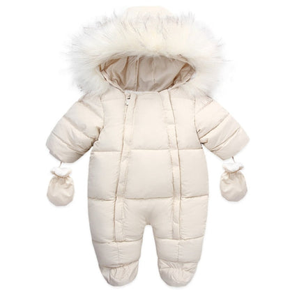 Unisex baby winter romper with built-in gloves, keeping infants snug and warm outdoors.