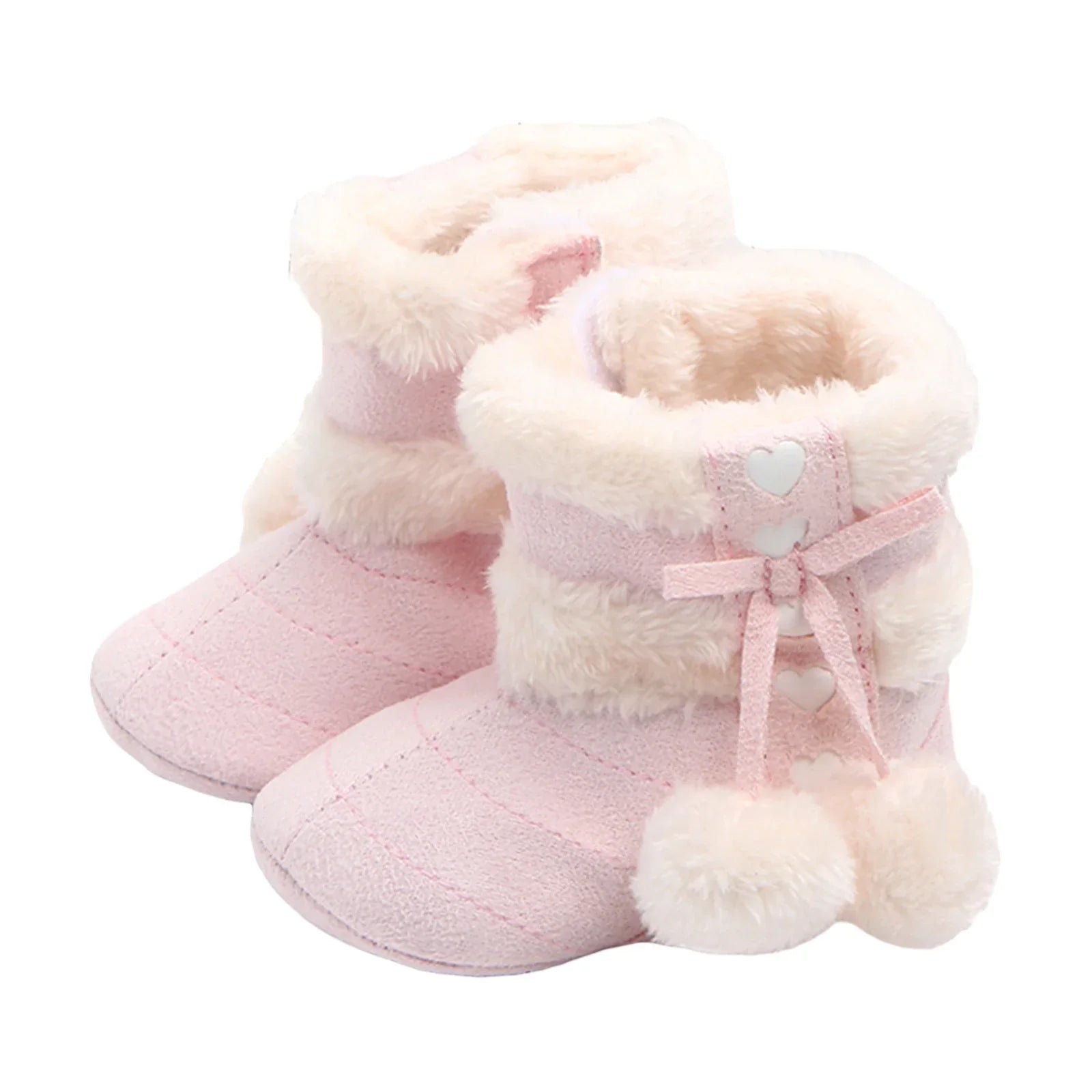 Front view of warm baby snow boots, polyester material, perfect cozy footwear for toddlers