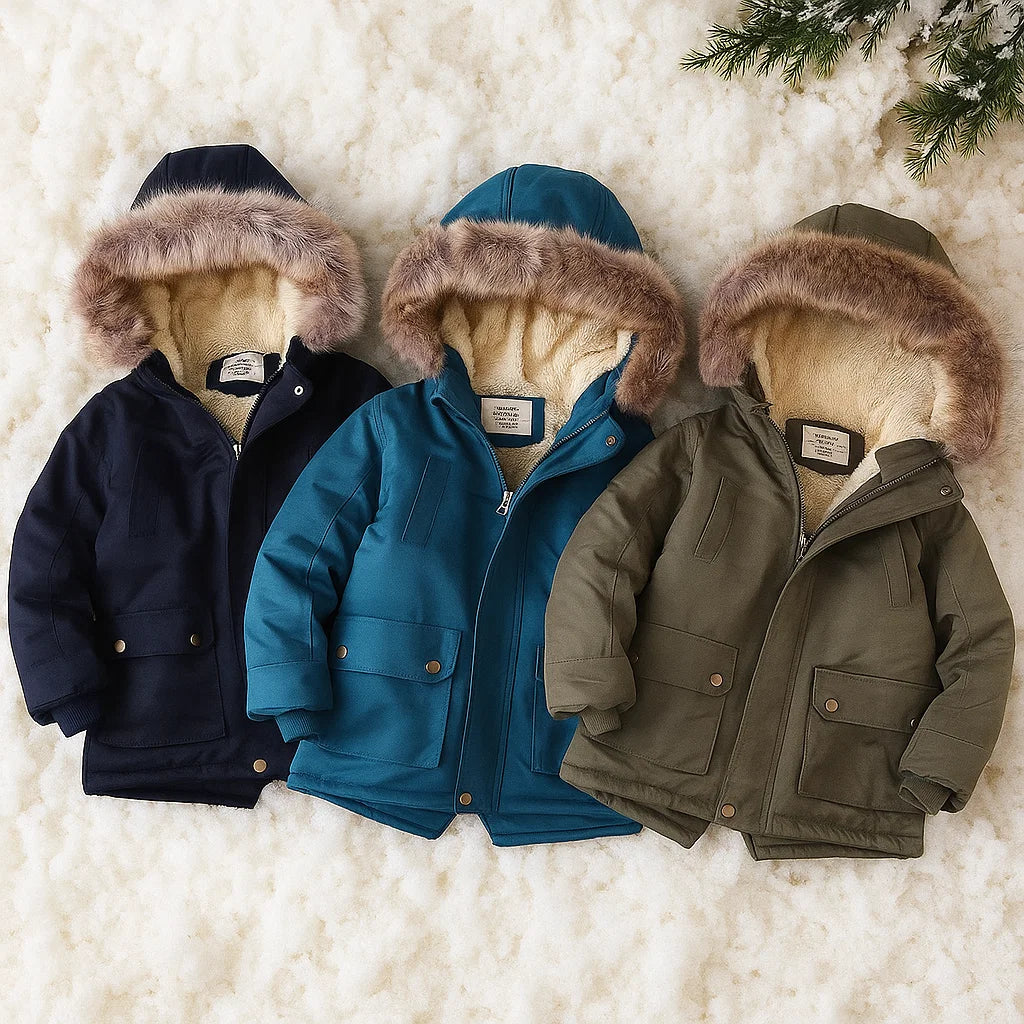 Warm children's winter parka with faux fur hood, perfect for cold weather, front view