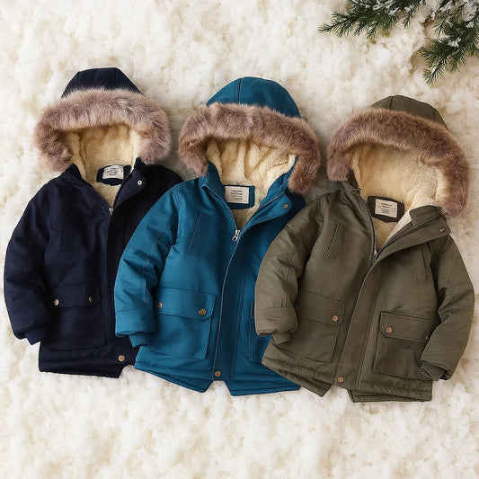 Warm children's winter parka with faux fur hood, perfect for cold weather, front view