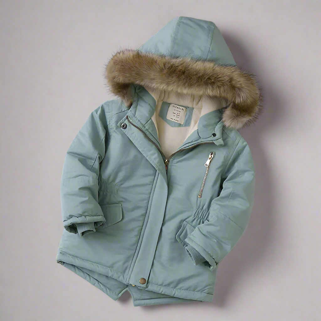 Warm cotton coat for kids, green, with a hood trimmed in fluffy faux fur, winter essential