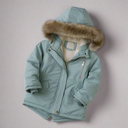 Warm cotton coat for kids, green, with a hood trimmed in fluffy faux fur, winter essential