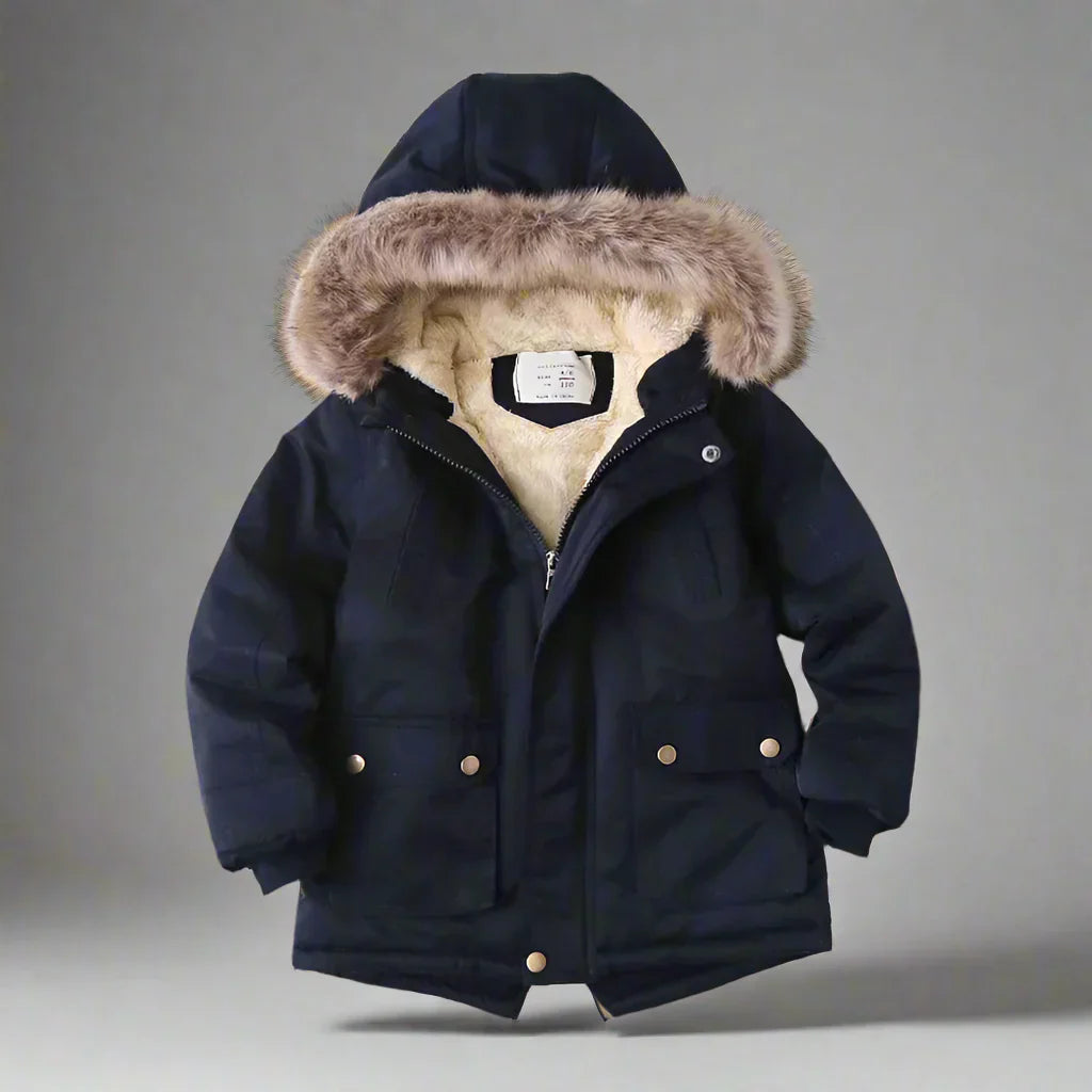 Children's waterproof winter parka with faux fur hood, protecting from snow and cold