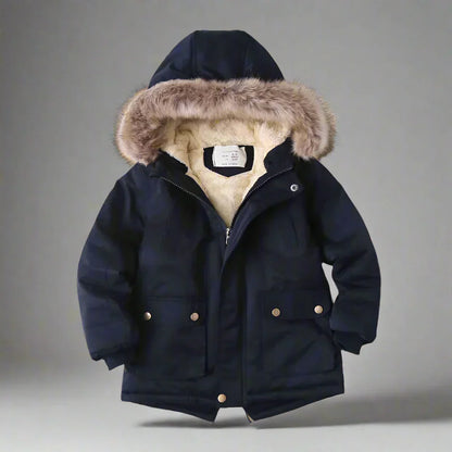 Children's waterproof winter parka with faux fur hood, protecting from snow and cold