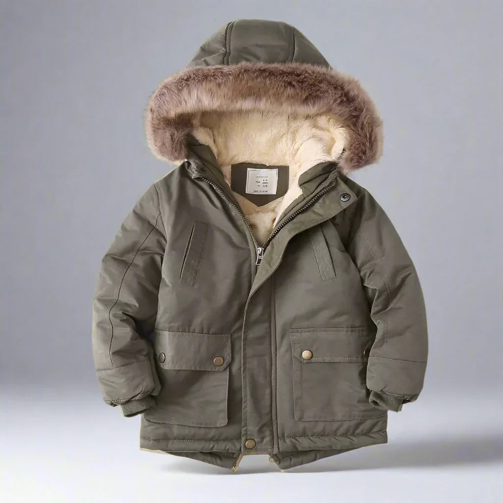 Side profile of a child's winter jacket, gray, highlighting the comfy faux fur hood