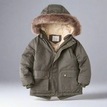 Side profile of a child's winter jacket, gray, highlighting the comfy faux fur hood