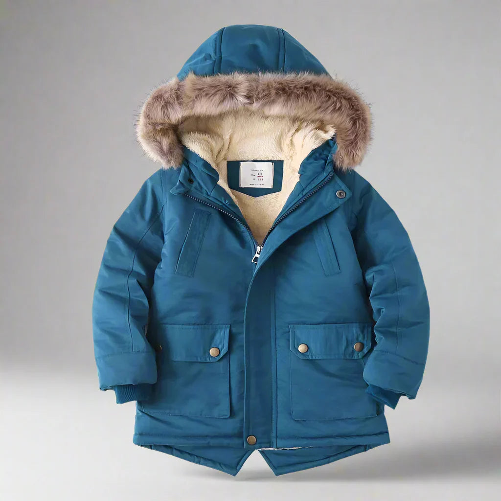 Folded warm children's winter parka with faux fur hood, ready for chilly days, outerwear