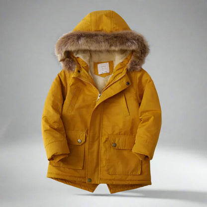 Kids' winter coat collection: colorful parkas with faux fur hoods, various sizes available