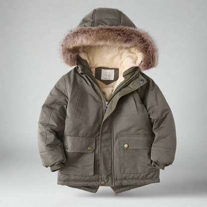 Infant's warm winter parka with faux fur hood, ensuring maximum comfort and warmth