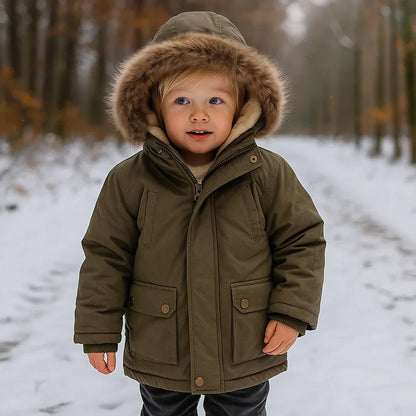 Kids' cotton-padded winter coat, blue, with a cozy faux fur-trimmed hood, boys' outerwear