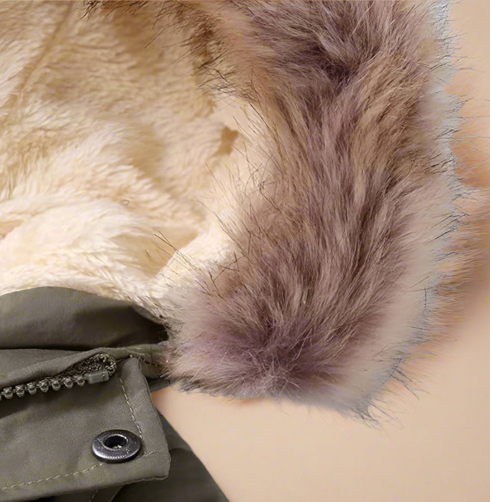 Toddler's unisex winter jacket, red, featuring a luxurious faux fur hood and warm lining
