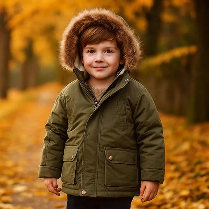 Close-up of a child's parka faux fur hood, showing texture and warmth, winter clothing